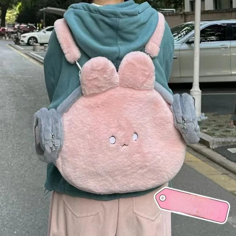 Pink Fluffy Bunny Backpack - chi jing bai yan / 37X31X10cm