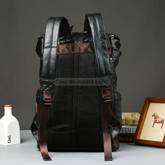 Black Leather Motorcycle Backpack - Black