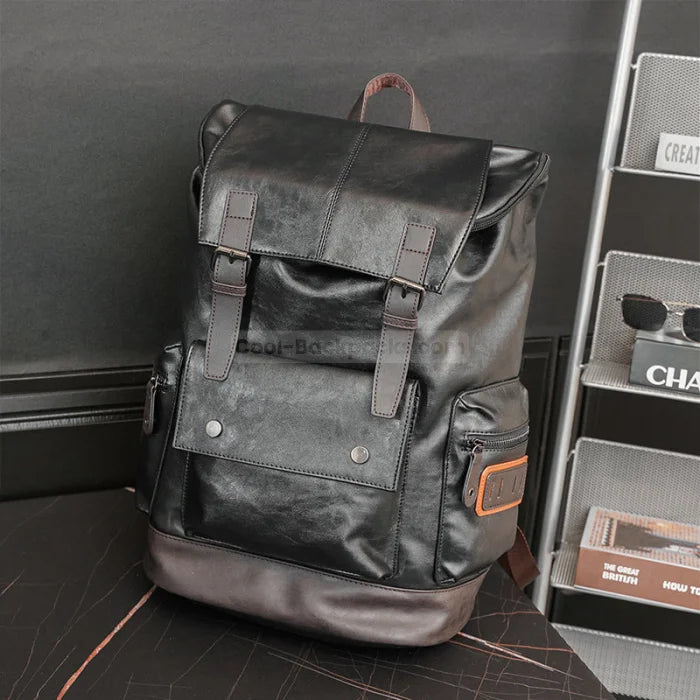 Black Leather Motorcycle Backpack - Black