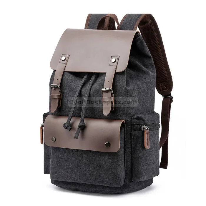 Canvas Leather Rucksack Backpack - Black