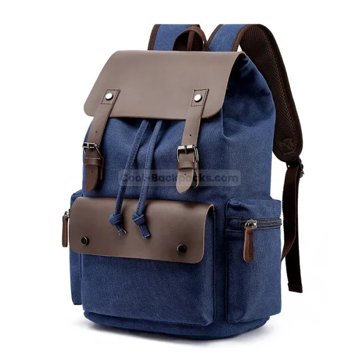 Canvas Leather Rucksack Backpack - Blue