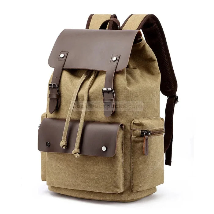 Canvas Leather Rucksack Backpack - Khaki