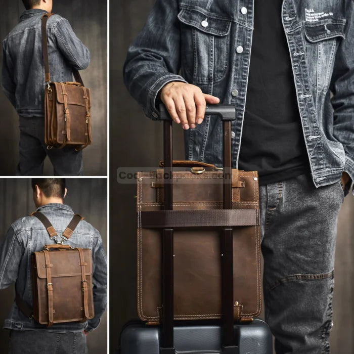 Convertible Leather Tote Backpack - Brown