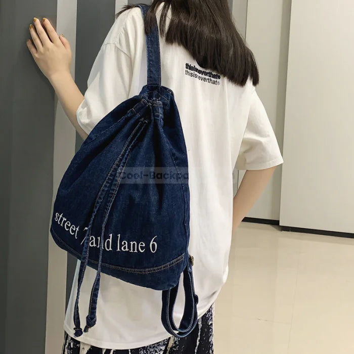 Denim Drawstring Backpack