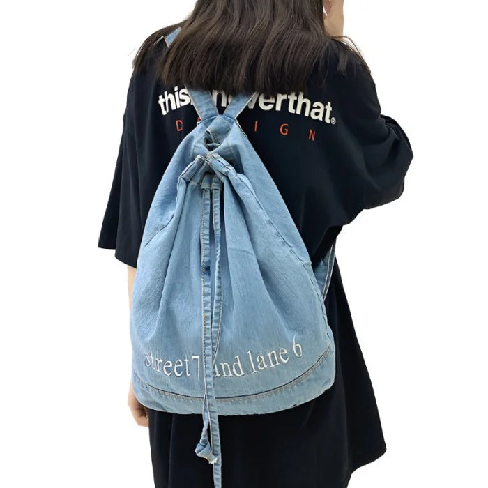 Denim Drawstring Backpack