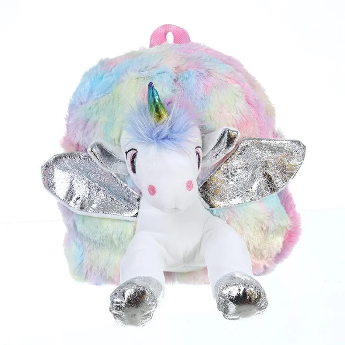 Fluffy Rainbow Unicorn Backpack - silver