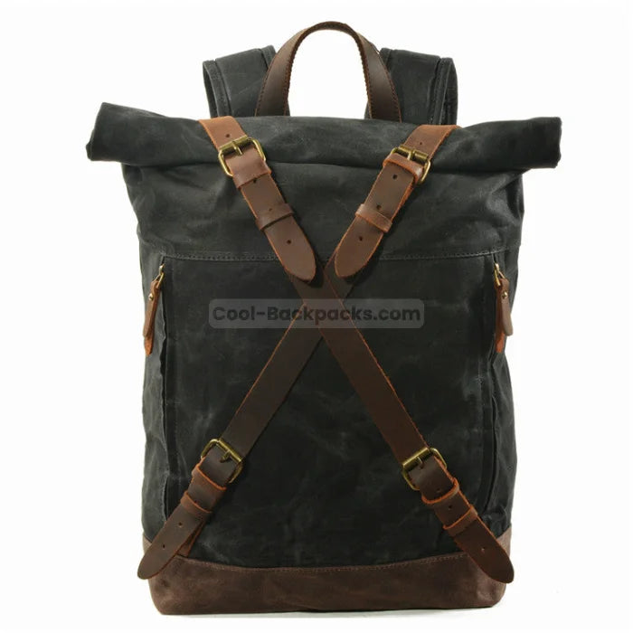 Leather Roll Top Backpack - Black / 30cmX11cmX42cm