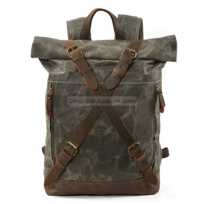 Leather Roll Top Backpack - Green / 30cmX11cmX42cm