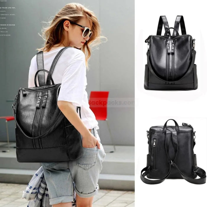 Leather Tote Backpack - Black