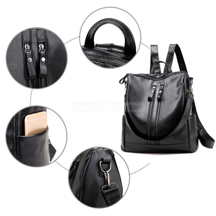 Leather Tote Backpack - Black