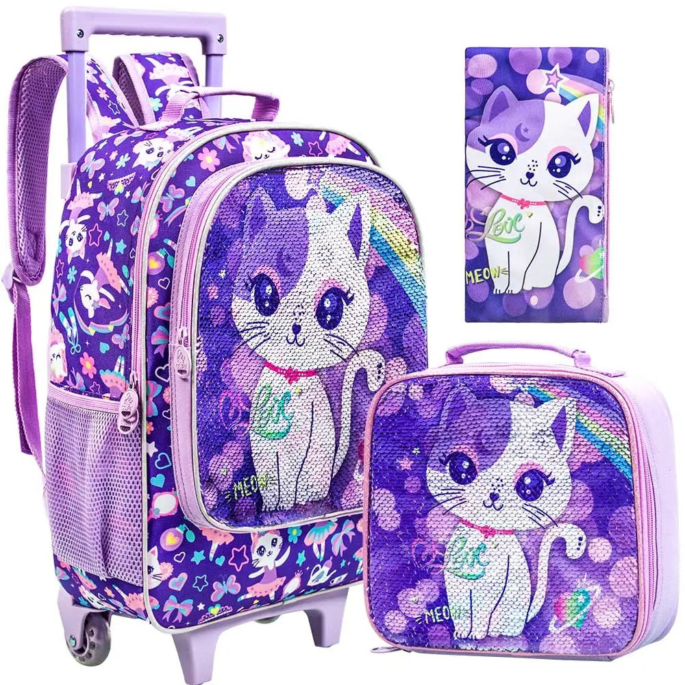 Cat Print Rolling Backpack