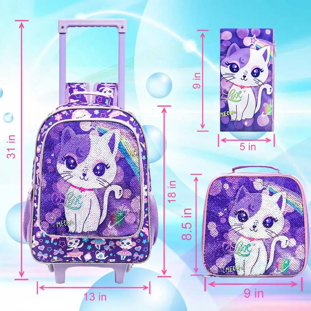 Cat Print Rolling Backpack