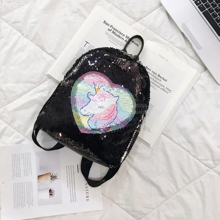 Pink Sequin Unicorn Backpack - Black / 23x11x28cm