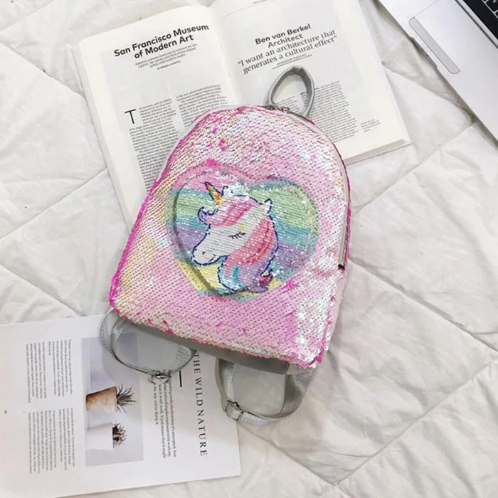 Pink Sequin Unicorn Backpack - White / 23x11x28cm